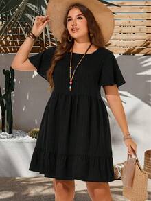 EMERY ROSE 大码度假休闲纯色短袖连衣裙，女士夏季服装，复活节连衣裙，波西米亚风，锐舞派对服装，复活节曲线身材服装，乡村音乐会服装 - 黑色 - 查看 4