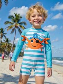 SHEIN Traje de baño de una pieza con patrón de cangrejo lindo para niño pequeño, adecuado para la playa, aguas termales y natación durante las vacaciones de verano - Verde - Ver 8
