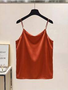 GlowEve Elegante camiseta de satén con escote en V francés delicado y decoración de perlas, adecuada como prenda de superposición para mujeres - Naranja - Ver 2