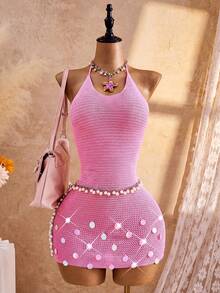 SHEIN Swim Mod 2026SS New Women's Swimwear Arrival For Holiday, Date, Western, Cruise, Beach, Island, Road Trip, All Seasons, Music Festival, Boho Vacation,Bohemian Vacation, Chill Autumn Boho Y2K Elegant Vintage Casual Glittery Knit Casual Beach Cover-Up, Sweet & Cute For Holiday & Beach Crochet Dresses For Ladies Pink Crochet Dress Halter Neck Dresses Sequin Detail Dress Mini Dresses For Women Women's Dresses Sequin Crochet Dress Bodycon Dress Crochet Halter Dress Ladies Crochet Dress Zanea Dress For Woman Yisikado Dress Crochet Cover Up Zebra Cover Up - Multicolor - View 2