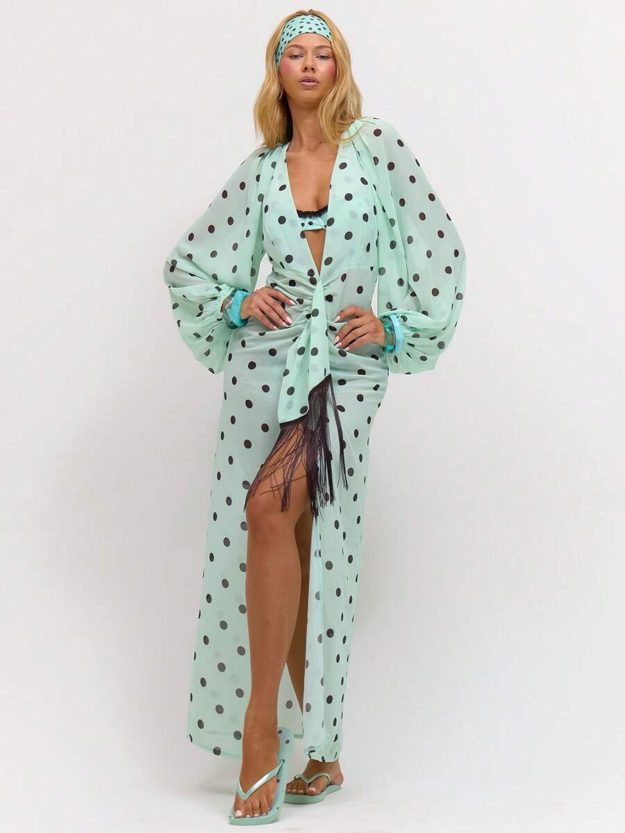 MUSERA Đầm maxi dài tay cổ chữ V sâu, dáng rộng, chi tiết tua rua, in họa tiết toàn thân, thích hợp cho kỳ nghỉ xuân hè, đi nghỉ mát, dự đám cưới, du lịch biển, Ibiza, mùa thu, dự tiệc sinh nhật, đi nhà thờ, đi chơi đêm, trang phục mùa thu hè. - màu xanh lá - Xem 1