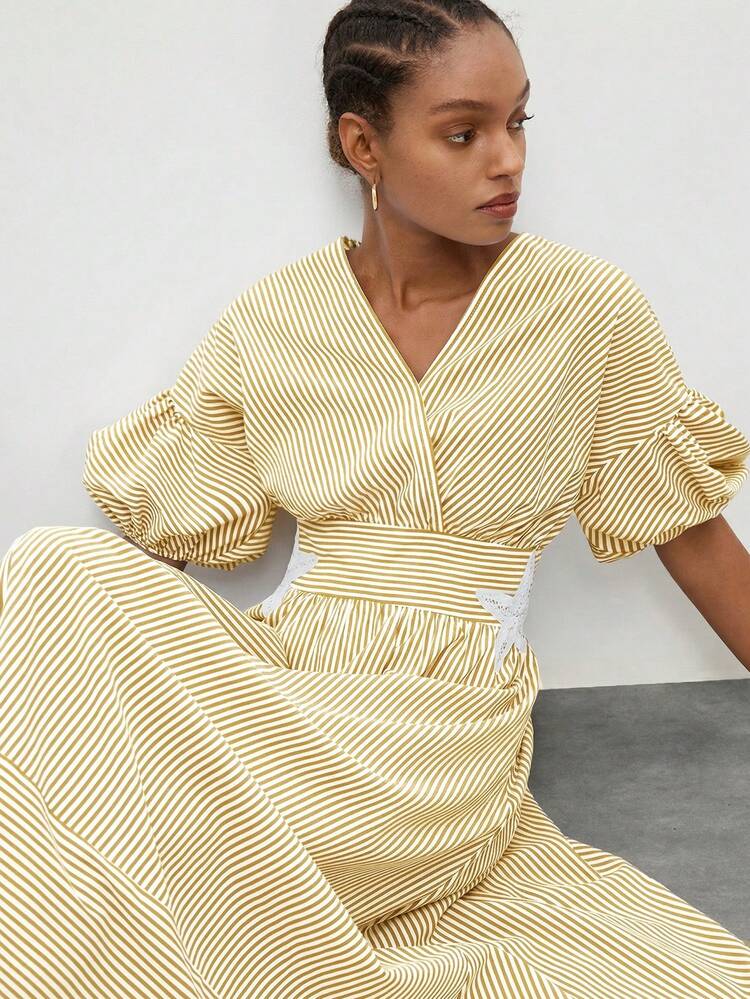 SHEIN Maija Women's Crossed Wrap Dropped Shoulder Petal Sleeve Cinched Waist Striped Dress