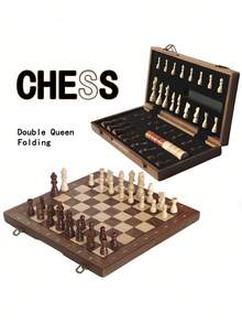 Large Wooden Folding Chess Set Magnetic Pieces Storage Drawer Bonus Queens Portable Strategy Game Travel Friendly Gift For Players - Multicolor - View 2