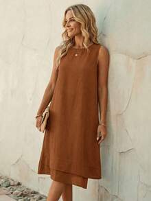 EMERY ROSE 女士休闲无袖圆领A字连衣裙，夏季女装，女士夏季连衣裙，女士休闲连衣裙，女士休闲连衣裙，无袖直筒连衣裙，锈红色连衣裙，优雅休闲复古色连衣裙 - 棕色 - 查看 5