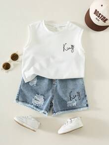 2pcs Baby/Baby Boy Casual Fashion Sleeveless T-Shirt And Denim Shorts Set, Baby Boy Outfit, Baby Boy Summer Clothes, Streetwear - White - View 4