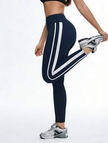 Eassivo 2pecs Women's High‑Waist Compression Leggings With Double White Side Stripes - Tummy‑Control, Four‑Way Stretch, Moisture‑Wicking Yoga & Running Pants In Navy And Black - Navy Blue - View 3