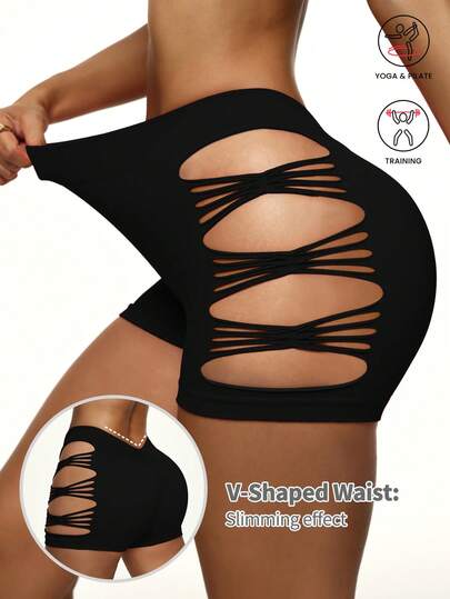 Slayform Quần short thể thao co giãn màu đen trơn dành cho nữ có đường cắt xẻ hai bên, quần short bó màu đen bằng vải thun Spandex dành cho nữ, quần short hở mông màu đen dành cho nữ