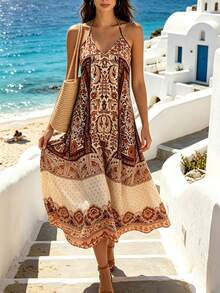 Breezaya 女士度假海滩夏季波西米亚风超大印花吊带连衣裙 - 彩色 - 查看 7