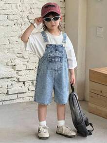 Young Boy Casual Blue Denim Bib Shorts With Pockets - Medium Wash - View 6