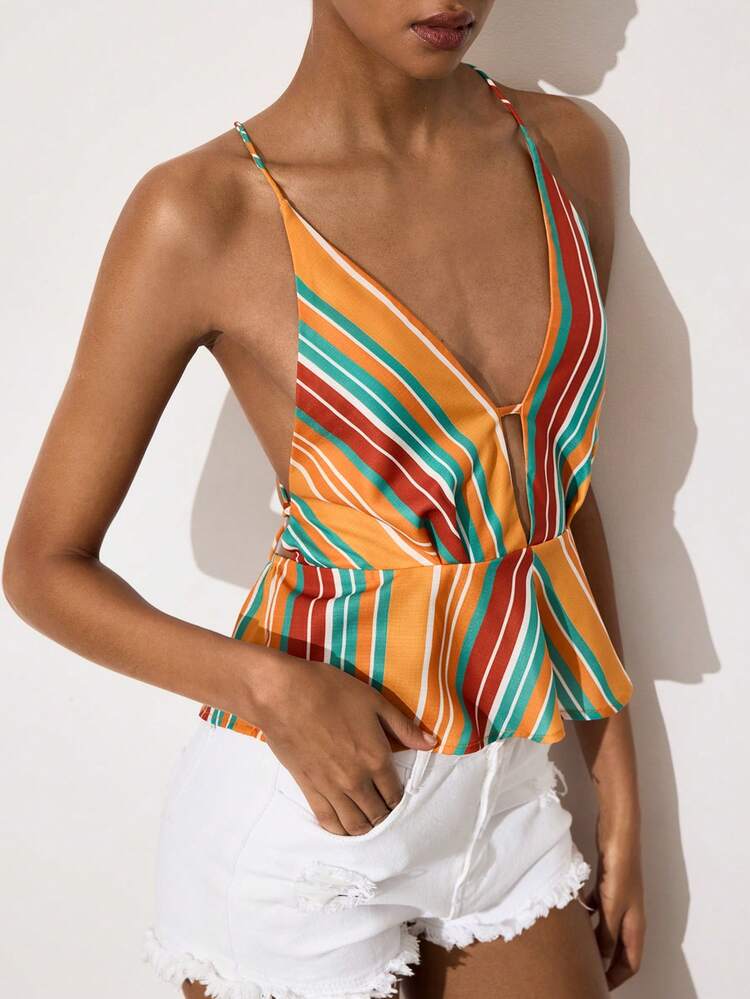 SHEIN Maija Women's Vacation Casual Contrast Stripe Backless Halter Top,Vacation Outfits Women