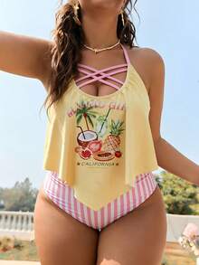 SHEIN Swim Curve Conjunto de tankini de talla grande para mujer con estampado de letras y palmeras en la parte superior de tipo halter y Bottom triangular, adecuado para el verano - Multicolor - Ver 4