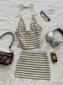 Attitoon Women's Summer Casual Striped Backless Halter Top And Mini Skirt 2 Pieces Set - Khaki - View 2