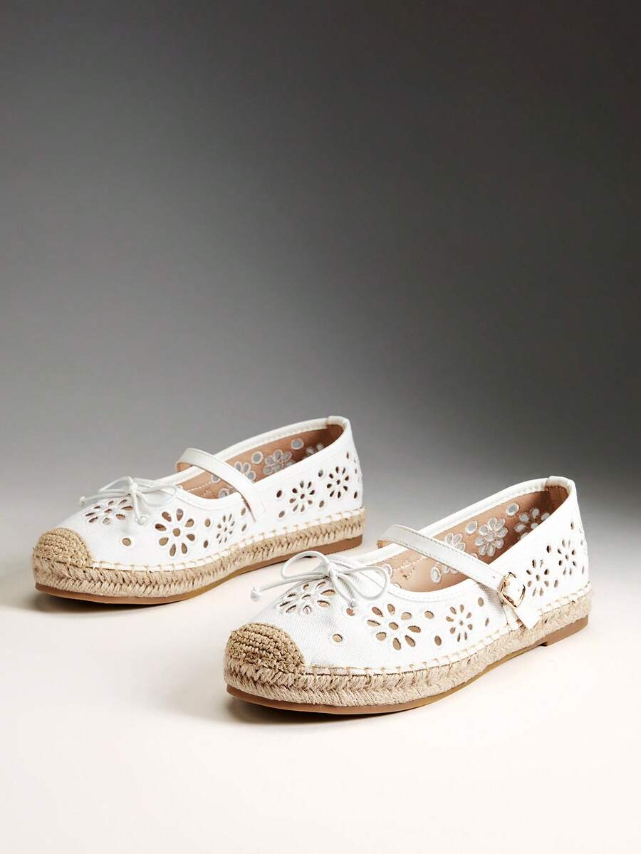 Solezae Women's Elegant Floral Cut-Out Round Toe Mary Jane Flat Espadrilles - White - View 1