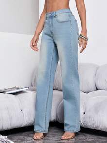 Denimoi Jeans de pierna recta y delgada, jeans básicos de uso diario, jeans de corte limpio, jeans de ajuste ceñido - Lavado ligero - Ver 4