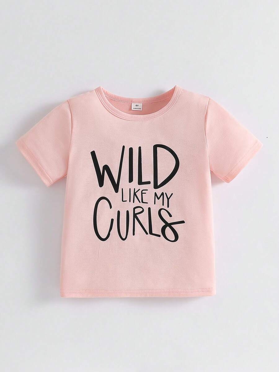T-shirt à manches courtes imprimé de lettres roses décontracté et doux pour jeunes filles, coupe ample et confortable, convient pour les sorties quotidiennes, les activités scolaires, les rassemblements familiaux, les jeux en extérieur et les séances photo - Multicolore - Voir 1
