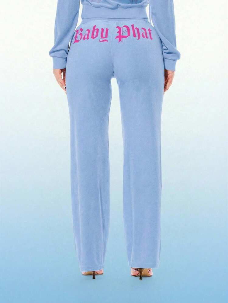 BABYPHAT Women's Velour Wide Leg Jogger Pants With Drawstring Waist Gothic Font Branding Soft Comfortable Loungewear Casual Everyday Relaxed Fit