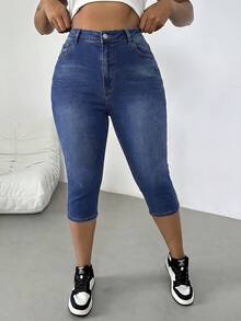 SHEIN CURVE+ 大码女式口袋纽扣休闲百搭日常牛仔裤 - 藍色 - 查看 5