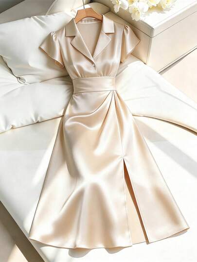 Franclia Đầm satin cao cấp cổ chữ V, thắt eo, có cổ áo blazer.