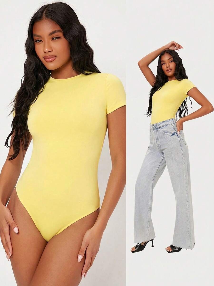 SHEIN BASICS 女款素色圓領短袖休閒連身衣 夏季女裝套裝