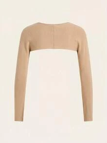 SHEIN BASICS 女士纯色长袖露脐上衣 - 卡其色 - 查看 2