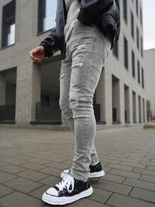 Artur Kramer Men's Stretch Skinny Ripped Jeans, Casual Solid Color Slim Fit Pants - Grey - View 5