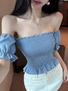 DAZY Camisa casual de mujer con hombros descubiertos y volantes en el bajo, adecuada para primavera, verano, festivales de música, citas, bodas, fiestas, y vacaciones elegantes - Azul - Ver 2