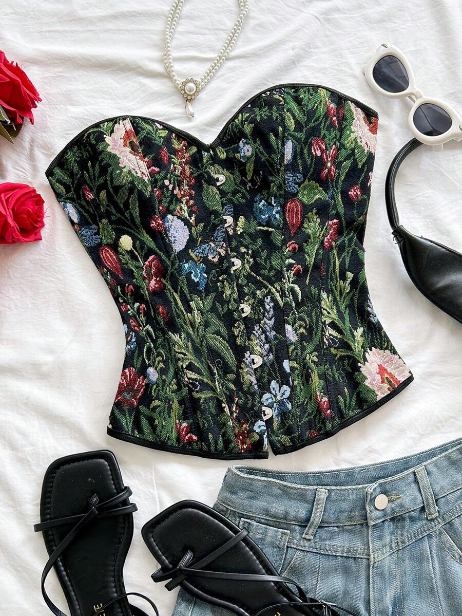 Soleia Áo croptop quây ngực kiểu cung đình cổ điển dành cho nữ, in họa tiết hoa jacquard nhiều màu sắc, có cúc và dây buộc phía sau. - màu đen - Xem 1