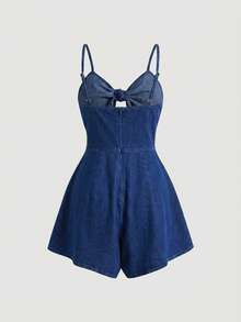 SHEIN MOD Bộ áo liền quần denim nữ, áo hai dây gợi cảm kiểu retro, màu xanh dương - Rửa tối - Xem 2