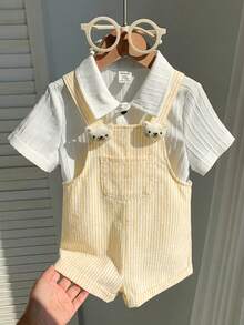 SHEIN Bộ áo liền quần cho bé trai sơ sinh dễ thương, họa tiết gấu hoạt hình 3D kẻ sọc, kiểu dáng mùa hè. - Màu vàng - Xem 4