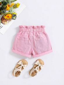 SHEIN Quần short denim mùa hè cho bé gái, cạp chun, túi xéo, gấu quần xắn lên. - Hồng - Xem 2