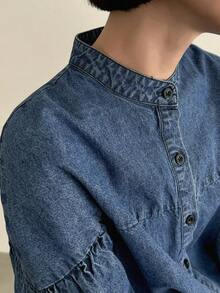FRIFUL Women's Casual 3/4 Sleeve Raw Denim Shirt,Back To School Clothes - Blue - View 6