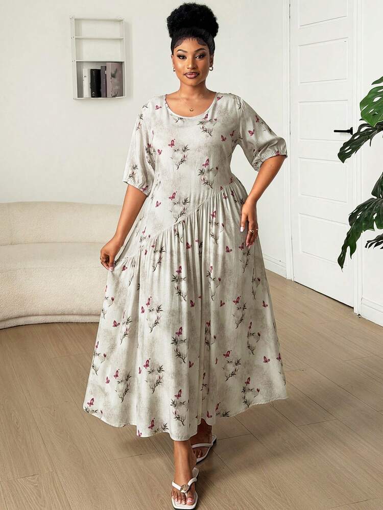 Dazy Plus Chinese Style Allover Print Long Fitted Nightgown, Spring/Summer Plus Size Women Sleepwear