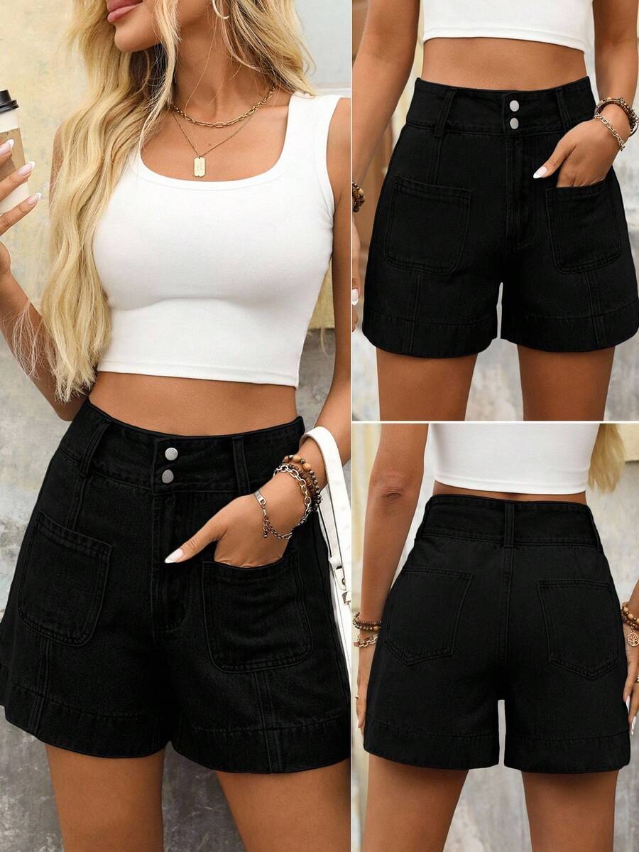 EMERY ROSE Pantalones cortos de mezclilla casuales minimalistas de unicolor para mujer - Negro - Ver 1