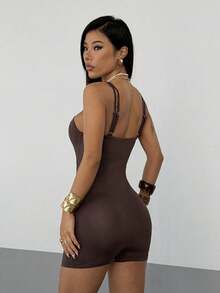 StreetHx Bộ jumpsuit lửng hai dây màu trơn phong cách đường phố dành cho nữ, thích hợp cho mùa xuân/hè. - màu nâu - Xem 2