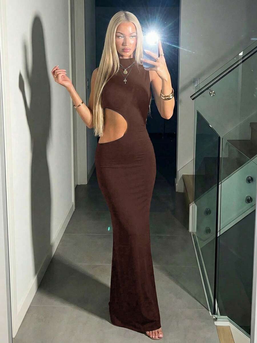 SHEIN ICON Women's Solid Color Minimalist Sleeveless Dress, Casual Daily Wear,Summer Dresses For Women - Brown - View 1