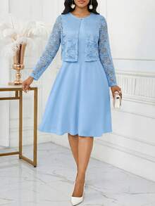 SHEIN Lady Conjunto de 2 piezas para mujer talla grande con top de encaje azul claro elegante y vestido sin mangas, ropa para invitada de boda de verano, cumpleaños, evento, oficina, iglesia y festival - Azul - Ver 7