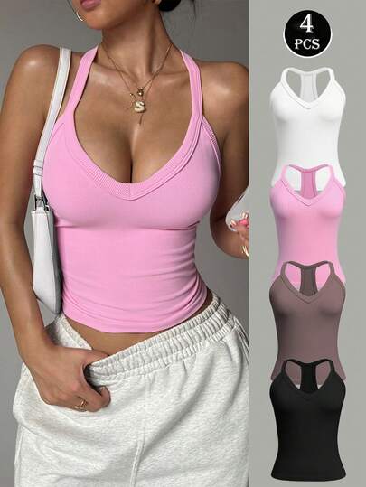 Seamluxe SHEIN Sport 4pcs/Set Seamless V-Neck Knit Camisole, Black, Pink, White, Khaki, Comfortable Stretchy Yoga, Running, Fitness, Outdoor, Casual Sleeveless Vest, Suitable For Spring, Summer, Autumn, Winter