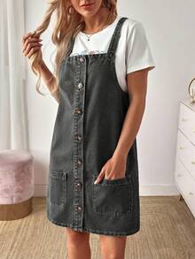 EMERY ROSE Women's Solid Color Minimalist Casual Denim Dress - Black - View 7