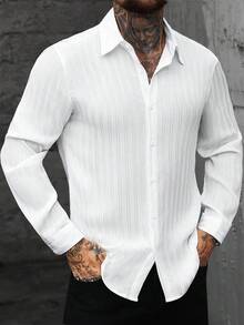 Manfinity CasualCool Men's Solid Color Front Button Casual Long Sleeve Shirt - White - View 5