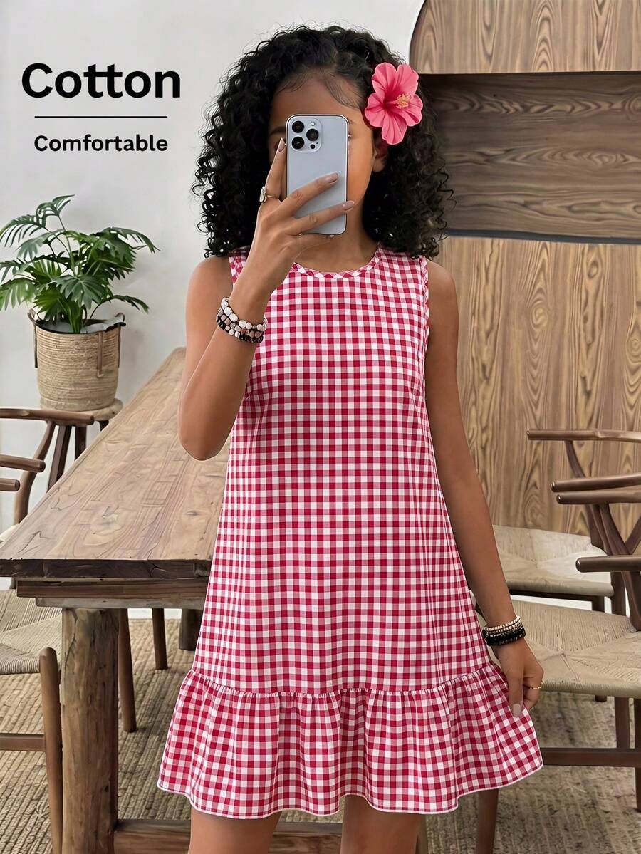 Tween Girls' Spring & Summer Vacation Nordic Casual Home Daily Commute Round Neck Sleeveless Ruffle Hem Doll Dress, Striped Woven Plaid Sundress - Red - View 1