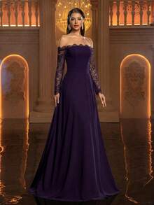 Glamrae Elegant Minimalist Structural Off-Shoulder Neckline Lash Lace Ruffle Semi-Sheer A-Line Dress With Double-Layer Split Hem, Formal Evening Gown, Lightweight Mesh Dress - Dark Purple - View 7