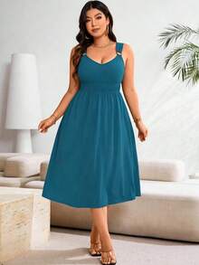 Ceyna Plus Size Solid Color Pleated Casual Summer Dress Maxi Women Outfit - Teal Blue - View 7