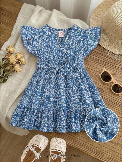 Cozy Pixies Đầm ngắn tay họa tiết hoa nhí màu xanh dương dễ thương cho bé gái mùa hè, bộ đồ đôi mẹ và bé (2 món bán riêng lẻ)
