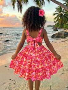 SHEIN Tween Girl Solid Color Ruffle Hem Casual Vacation Party Dress,Mothers Day Outfit,Graduation,Mommy And Me Matching Outfits - Hot Pink - View 2