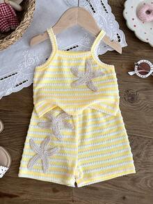 SHEIN 2 piezas Conjunto casual y lindo para niñas bebé con top sin mangas de punto jacquard a rayas + shorts de cintura elástica, adecuado para salidas de verano o vacaciones - Amarillo - Ver 5