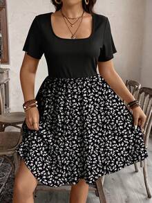 SHEIN LUNE Plus Size Summer Patchwork Ditsy Floral Dress, Suitable For Vacation Outfit - Multicolor - View 3