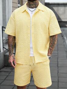 Manfinity CasualCool Men's Yellow Summer Casual Vacation Holiday Outfit,Textured Geometric Pattern Short Sleeve Button Up Shirt And Drawstring Shorts Set,Vintage Y2k Gift - Yellow - View 3