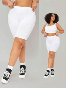 SHEIN BASICS Plus Size Women Summer Casual Sports Commuting Minimalist Solid Color High Waist Cycling Shorts - White - View 1