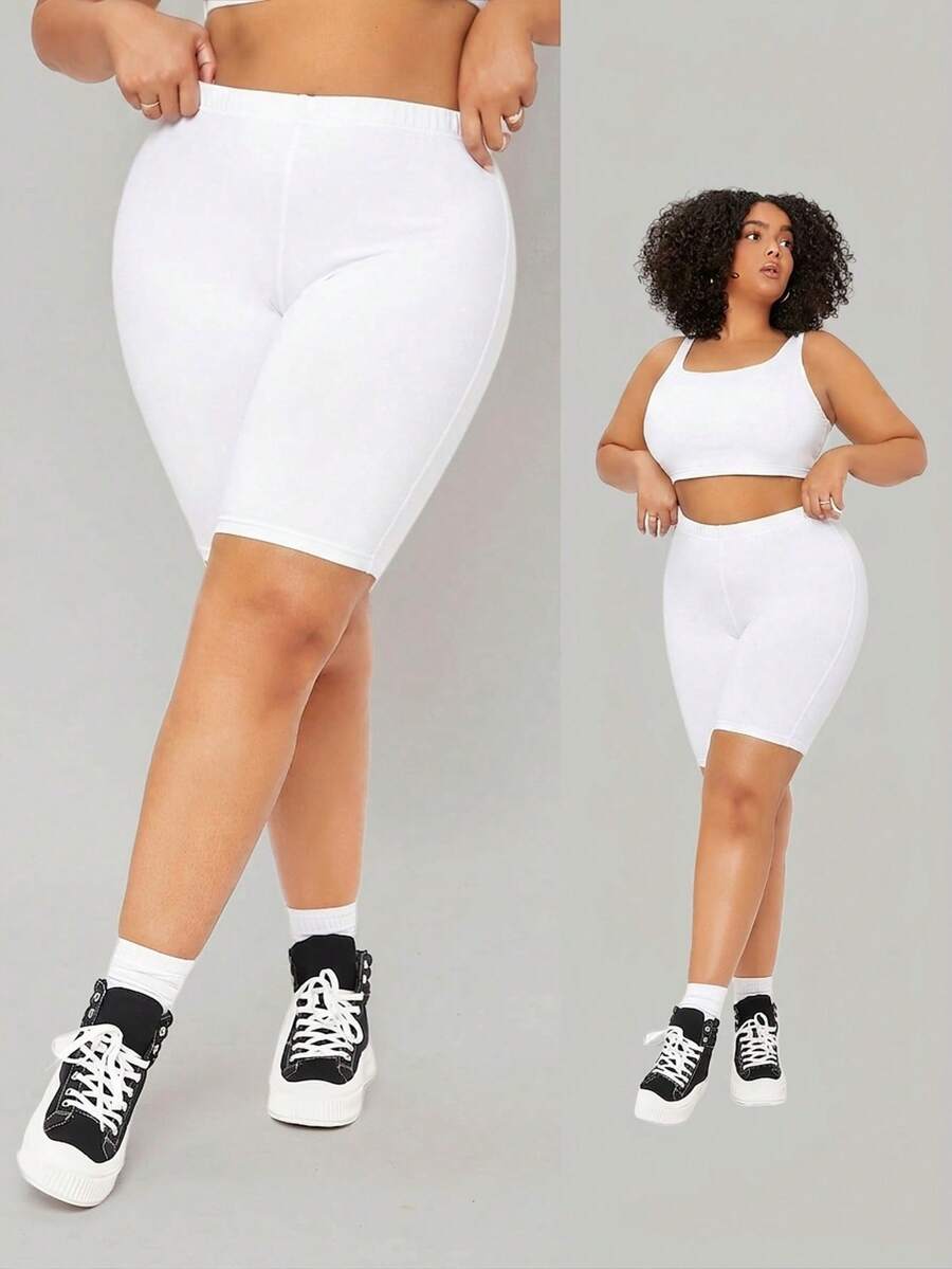 SHEIN BASICS Plus Size Women Summer Casual Sports Commuting Minimalist Solid Color High Waist Cycling Shorts - White - View 1