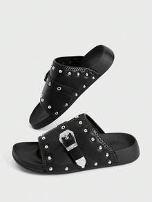 Sugerpunk Giày sandal cao gót nữ ~ Mẫu thời trang mới 2026 Thu Đông phong cách Punk, chất liệu PU đen, mũi tròn, khóa cài đinh tán, đế bằng, thích hợp cho nữ, kiểu dép hở mũi mùa hè. - màu đen - Xem 5